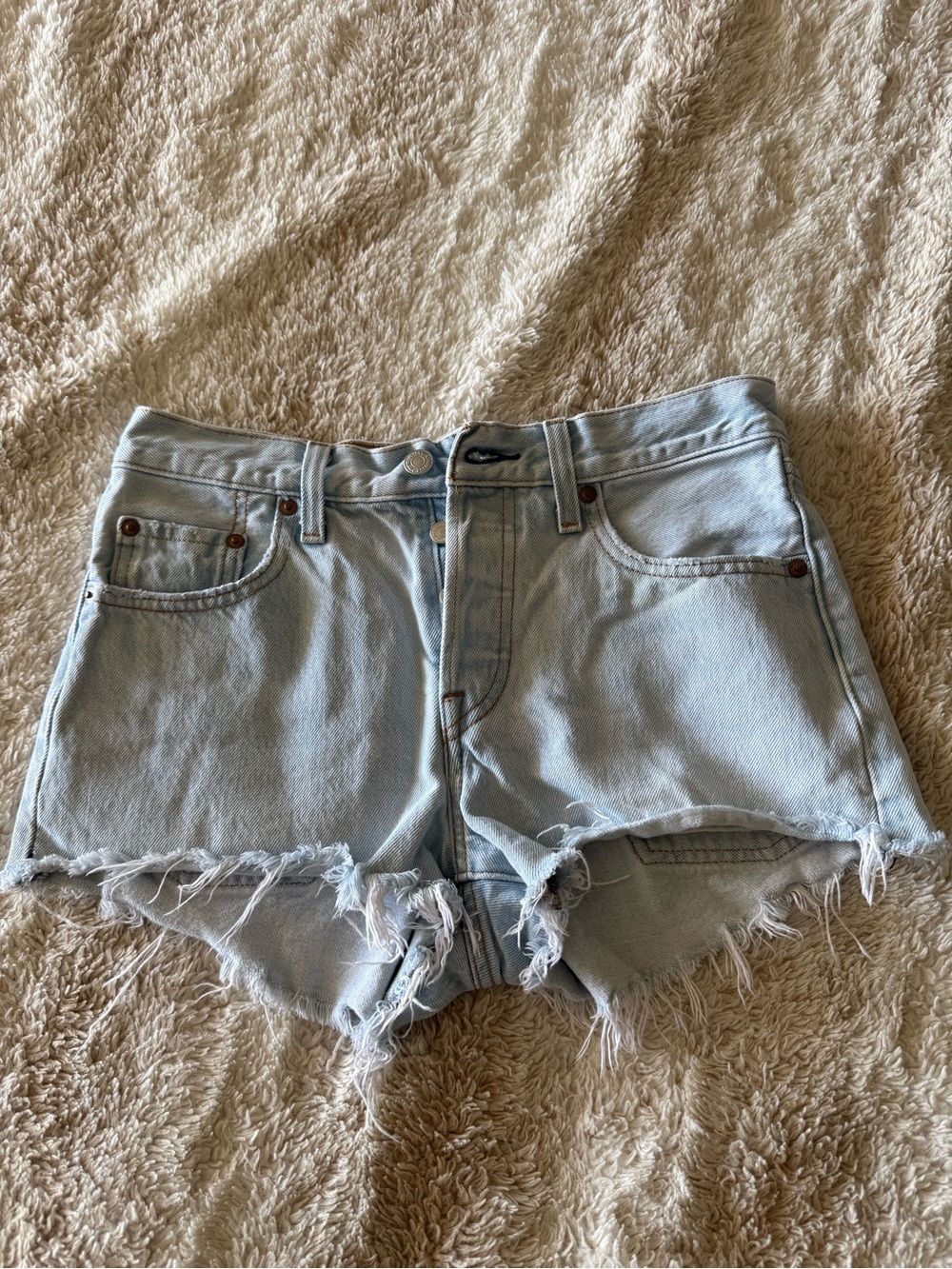 ecru Light Wash Distressed Denim Cutoff Shorts